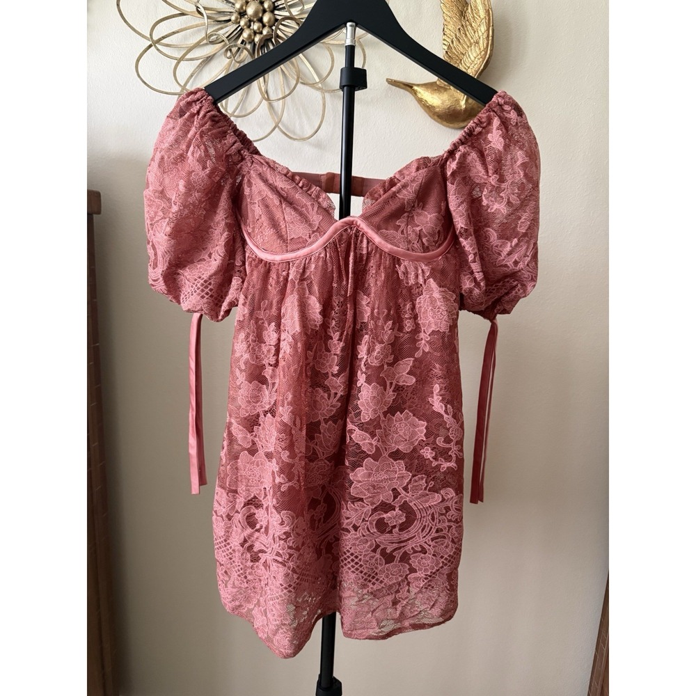 Seni & Cade Dress XS Pink Lace Corset Puff Sleeve Mini Babydoll NWT $79